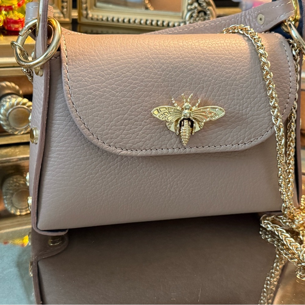 Elegant Taupe Leather Crossbody Bag with Gold Chain